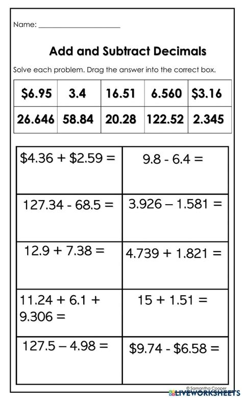 Adding Subtracting Decimals Worksheet