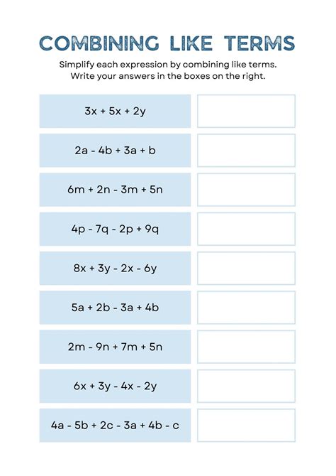 Combine Like Terms Worksheet