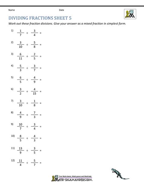 Dividing Fractions Worksheets