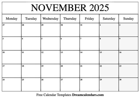 November 2025 Calendar Printable