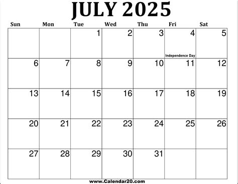 Printable July 2025 Calendar