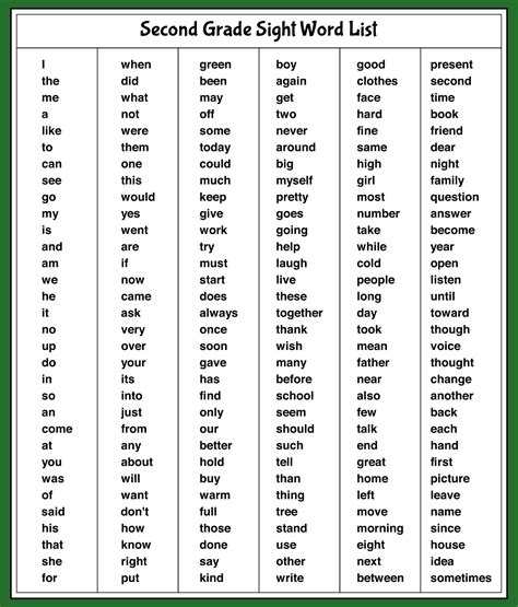 Second Grade Sight Words